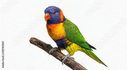Rainbow lorikeet bird sitting on a weathered wooden branch isolated on a white background with lorikeet colorful wildlife tropical australian isolated background ornithology detailed standing