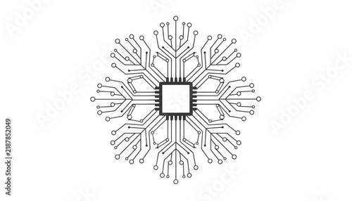 Symmetrical snowflake holiday pattern intricately designed with a microchip and electronic circuit board paths.