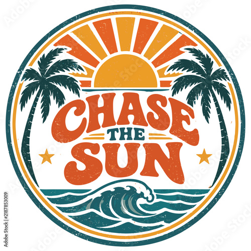Chase the Sun Vintage Summer Badge with Sunset, Palm Trees and Ocean Waves
