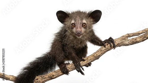 Cute aye-aye primate perched on a branch against a white background with madagascar wildlife isolated nocturnal tropical climbing background portrait creature conservation ecosystem