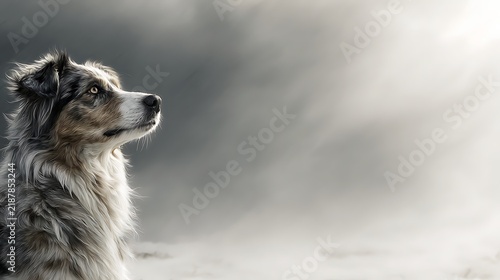 Close up portrait of a beautiful Australian Shepherd dog looking to the side with bright eyes