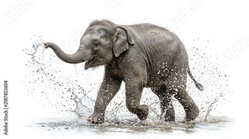Young elephant walking through water and splashing drops everywhere with elephant wildlife wrinkled isolated background wilderness environment conservation creature vertebrate ecosystem