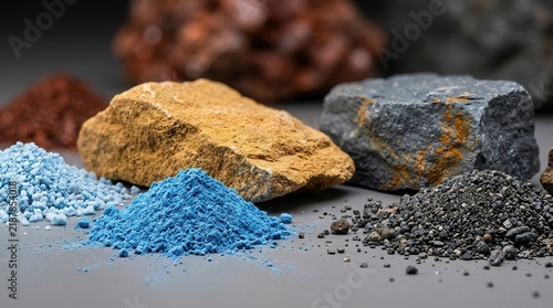 Industrial importance of diverse rare earth minerals and extracted mineral piles.