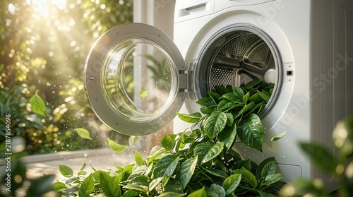 Vibrant green leaves spilling from a washing machine drum representing environmental sustainability.