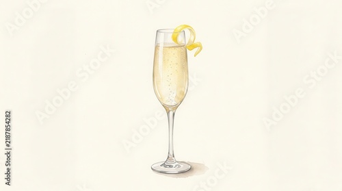 A detailed watercolor illustration of a French 75 cocktail with lemon twist on a light background.