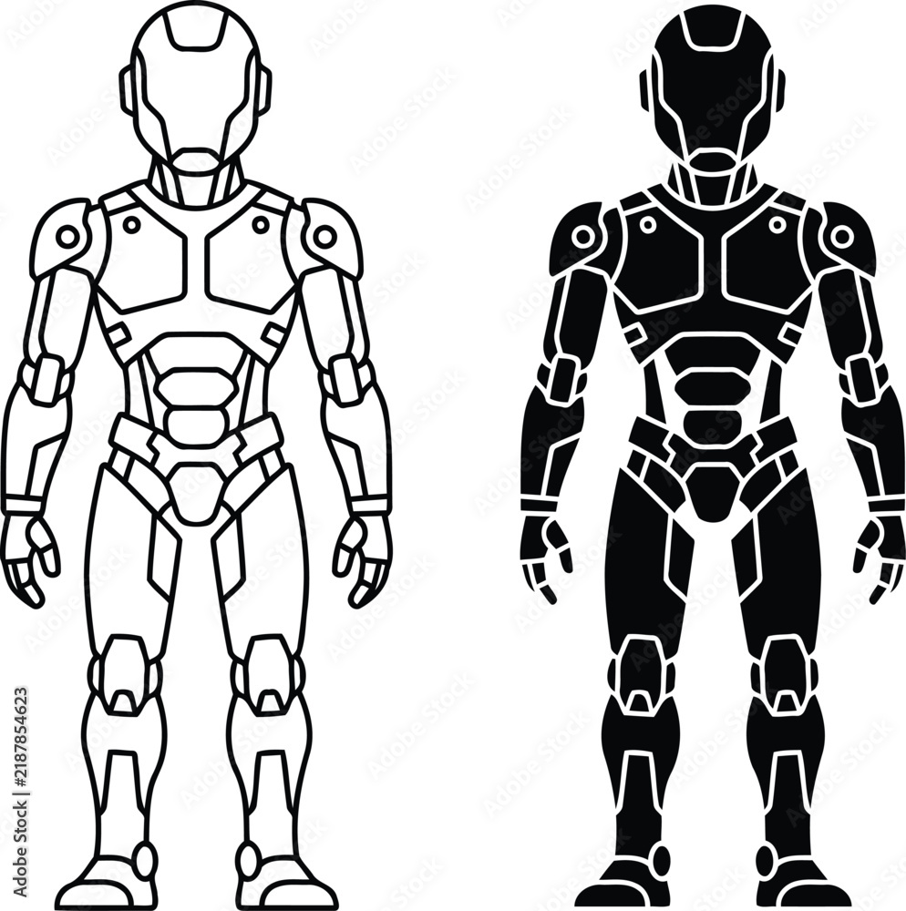 Fototapeta premium Black and white outline icons of a standing futuristic robot character