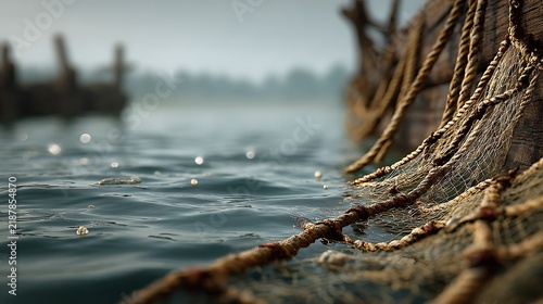 Fishing net and ropes on wooden boat hull in wavy water with distant fog