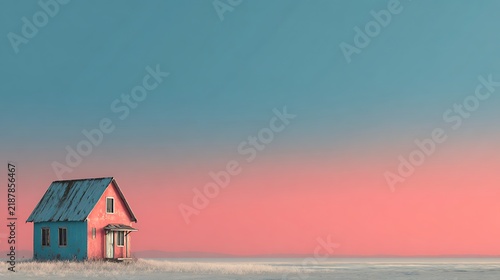 Isolated rustic pink and blue house in a snowy field under a serene gradient sky