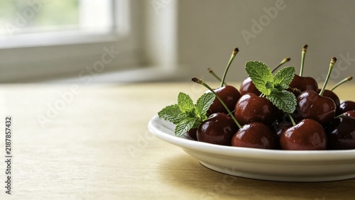 cherries garnished with fresh mint on white porcelain dish