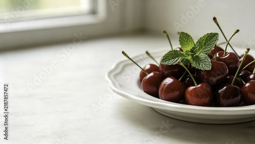 cherries garnished with fresh mint on white porcelain dish