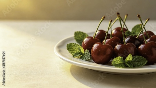 Sweet cherries and mint leaves arranged on white serving pla
