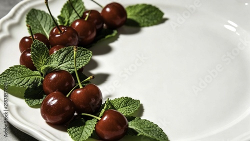 cherries and peppermint leaves on elegant white ceramic