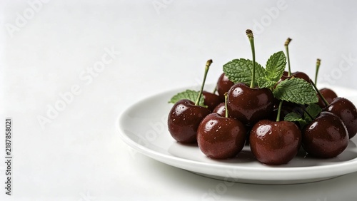 Cherry and mint arrangement on clean white porcelain plate