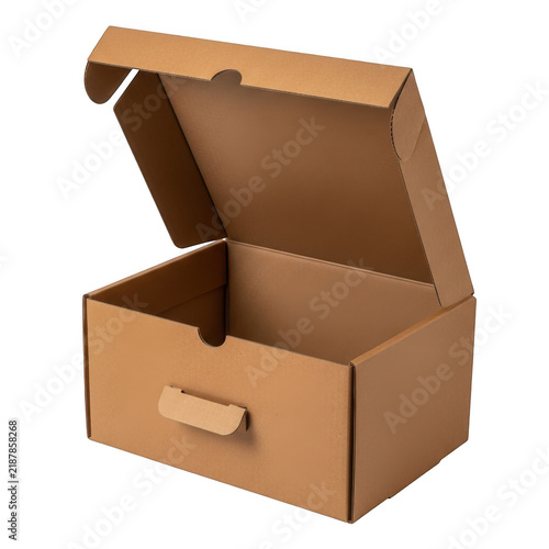 Open empty brown cardboard box for shipping and delivery isolated on transparent background