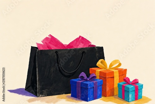 Gouache and crayon illustration of Black Friday gifts