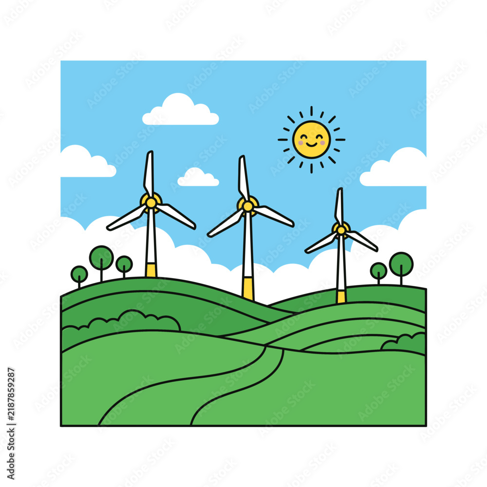 Fototapeta premium Vector illustration of wind turbines on green hills with sun and clouds for renewable energy