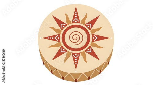 Drum with painted sun design featuring radiating rays central spiral motif vector illustration for music background patterns