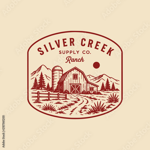 Vintage ranch logo with barn and mountain landscape illustration for rustic branding.