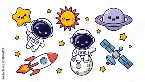 Colorful Space Cartoon Illustration Featuring Astronauts Sun Planets Rocket and Satellite