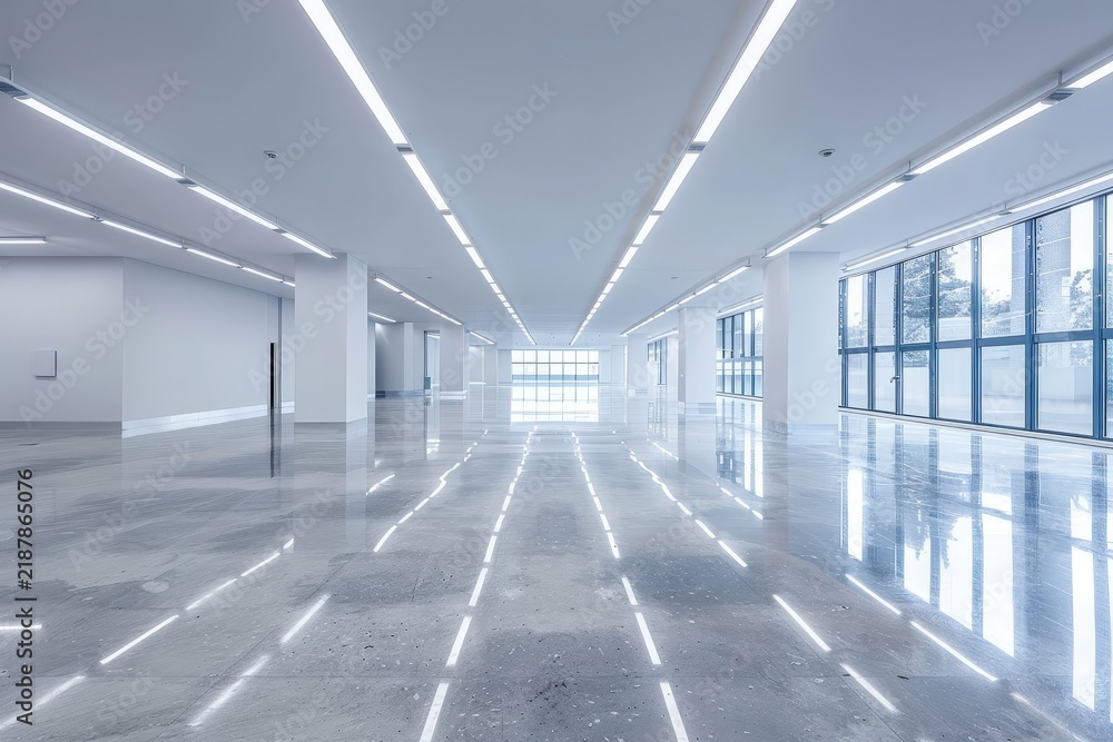 Fototapeta premium Empty office hallway with reflective floor and ceiling lights