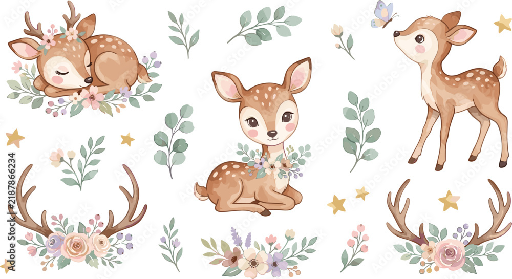 Fototapeta premium Cute Woodland Fawn Character Set Featuring Adorable Sleeping and Sitting Deer Antlers Floral Bouquets Butterflies Leaves and Pastel Watercolor Illustrations