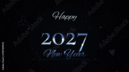 Glowing silver Happy 2027 New Year text with drifting butterfly outlines