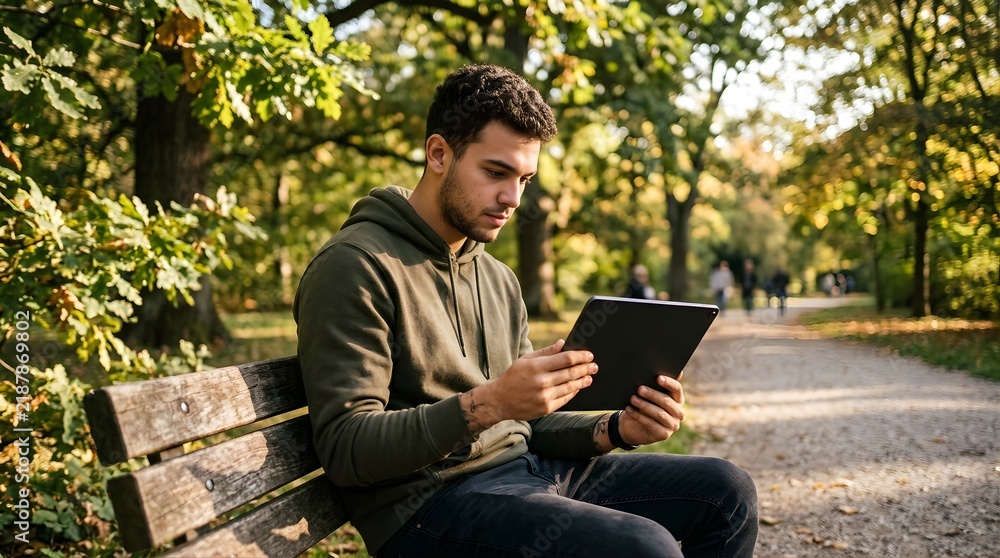 Fototapeta premium Young man sitting on a park bench using a digital tablet outdoors