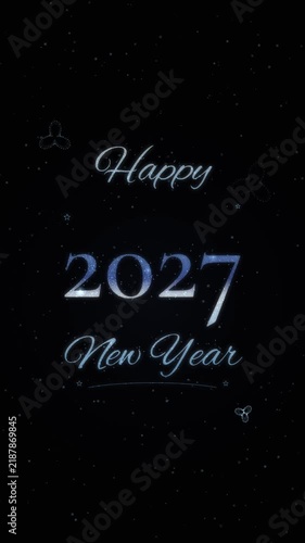 Glowing silver Happy 2027 New Year text with drifting butterfly silhouettes