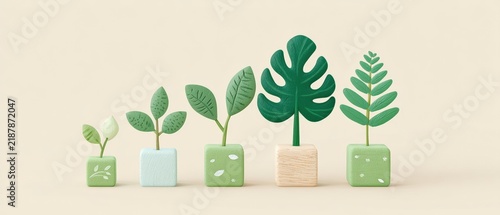 Colorful decorative plant blocks showcasing various leaf designs in a minimalist arrangement on a soft background