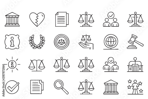 Modern legal services line icon collection for law firms, contracts, litigation, rights and business protection