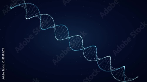 Glowing azure DNA double helix rotates diagonally across a dark blue particle background