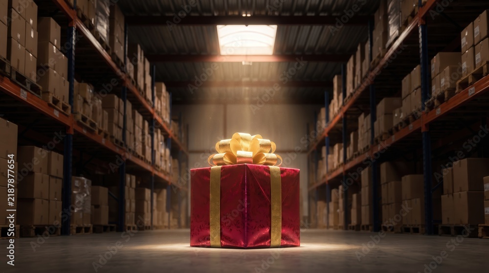 Obraz premium Large red gift box with gold ribbon under spotlight in warehouse aisle. Festive logistics and holiday shipping concept for e-commerce fulfillment and supply chain marketing design.