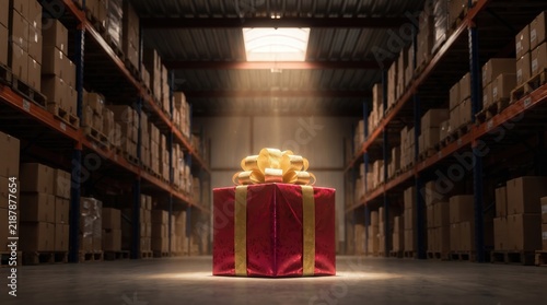 Large red gift box with gold ribbon under spotlight in warehouse aisle. Festive logistics and holiday shipping concept for e-commerce fulfillment and supply chain marketing design.