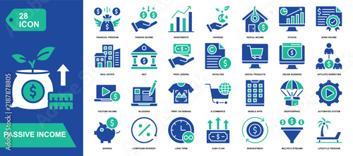 Passive Income Solid Icon Set. Featuring recurring revenue, investments, digital assets, royalties, and financial growth. Vector icons for finance platforms and business services.
