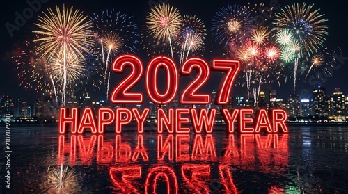 Vibrant red neon letters spell out the arrival of the year 2027 amidst a magnificent display of glowing fireworks bursting over a calm water surface during a joyful and festive midnight