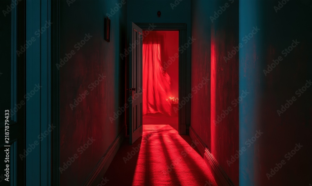 Fototapeta premium Long dimly lit hallway bathed in eerie red glow from doorway