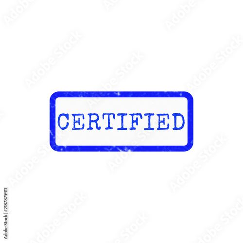 Blue certified rubber stamp icon with weathered texture and bold capital letters for quality assurance and official branding