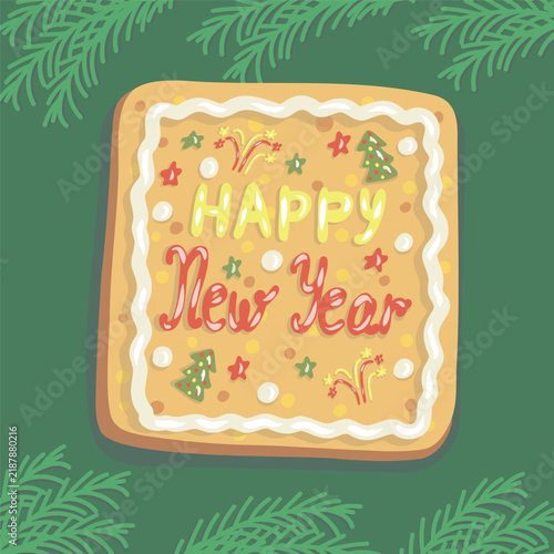 Hand drawn gingerbread decorated for New Year holiday on green background
