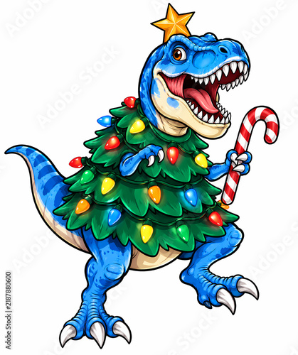 Cute Blue Christmas T Rex Dressed as a Christmas Tree with Colorful Lights and Candy Cane