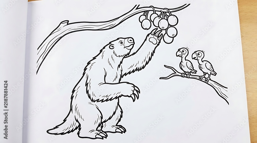 Fototapeta premium Cartoon sloth reaching for hanging tropical fruit in whimsical black and white illustration.