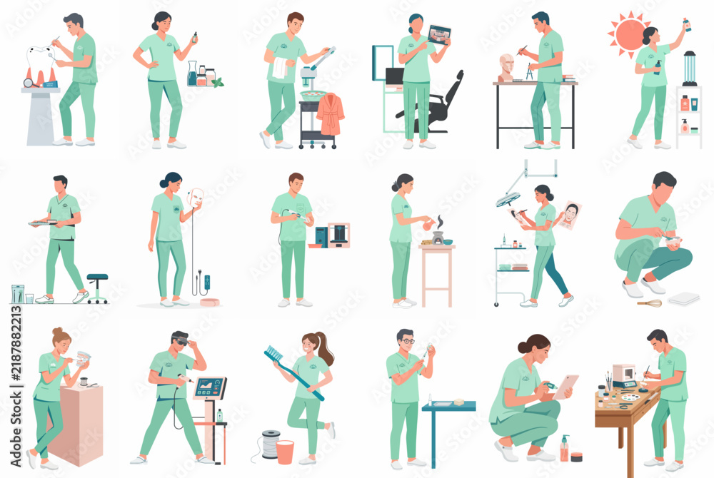 Fototapeta premium Collection of vector illustrations featuring diverse healthcare professionals in green scrubs performing various medical, laboratory, and clinical tasks in a modern hospital setting.