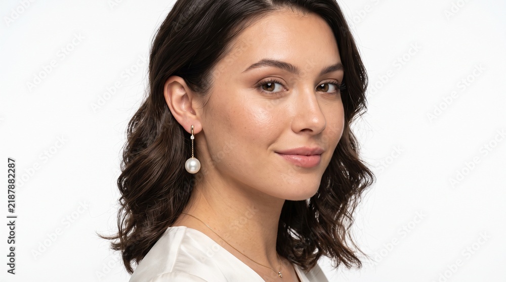 Fototapeta premium Portrait of a beautiful young woman with dark wavy hair wearing elegant gold pearl earrings isolated on white background