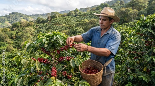 A dedicated coffee farmer harvesting ripe red coffee cherries on a hillside plantation.
