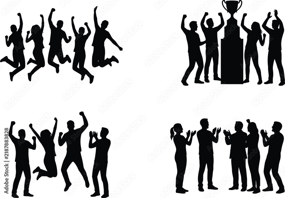 Obraz premium Silhouette Vector Set of Groups Celebrating, Cheering and Winning Trophy