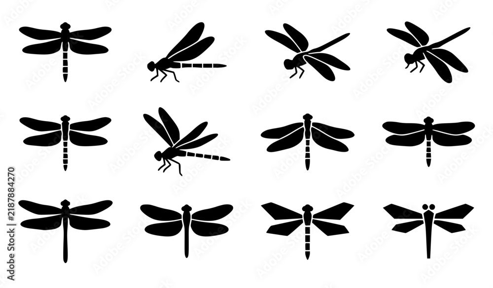 Fototapeta premium Minimal Dragonfly Silhouette Icons Set with 12 Perched Insect Vector Symbols