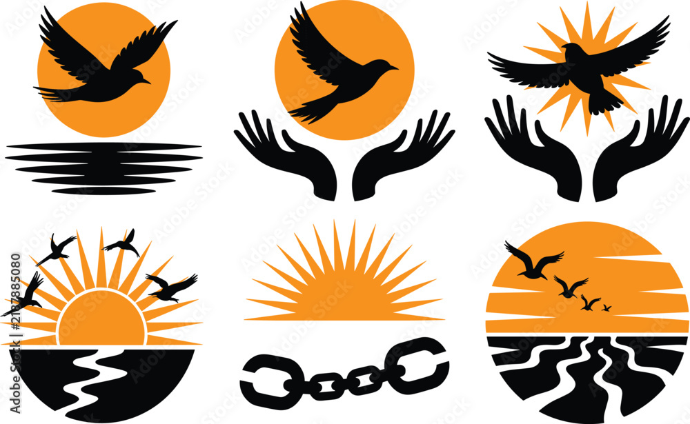 Obraz premium Artistic bird silhouettes with suns and hands reflecting themes of peace hope and freedom