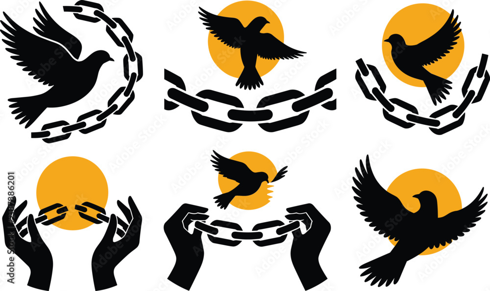 Fototapeta premium Doves breaking chains under bright sun icons perfect for social justice campaign logo