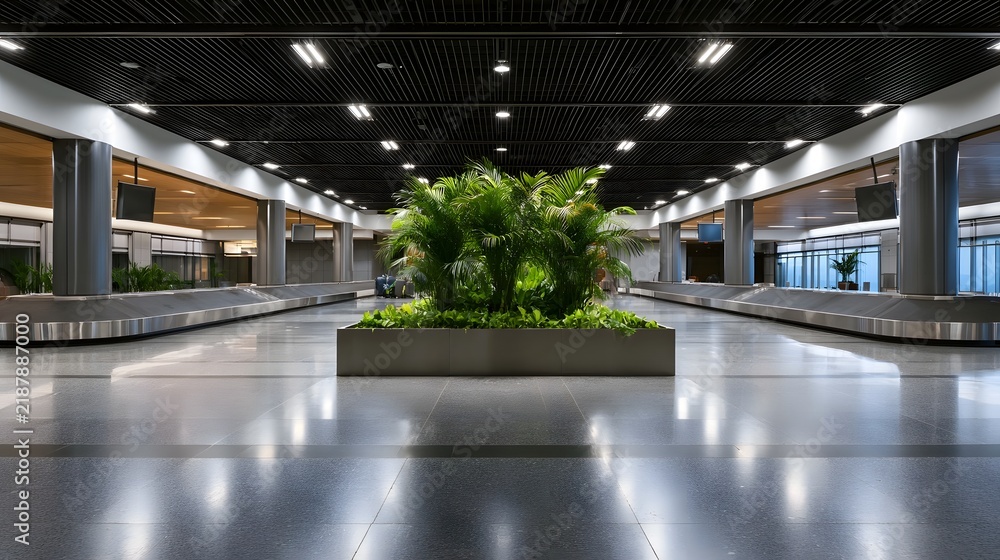 Obraz premium Modern airport baggage claim area with sleek design polished floors and central greenery for natural ambiance