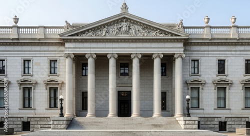 A large white building with columns and a triangular pediment illustration