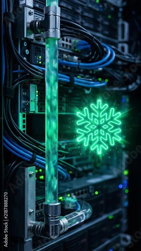 Energy Efficient AI Server Cooling Pipe with Green Fluid Snowflake Signals, Sustainable Liquid Cooling Technology for Data Center Performance